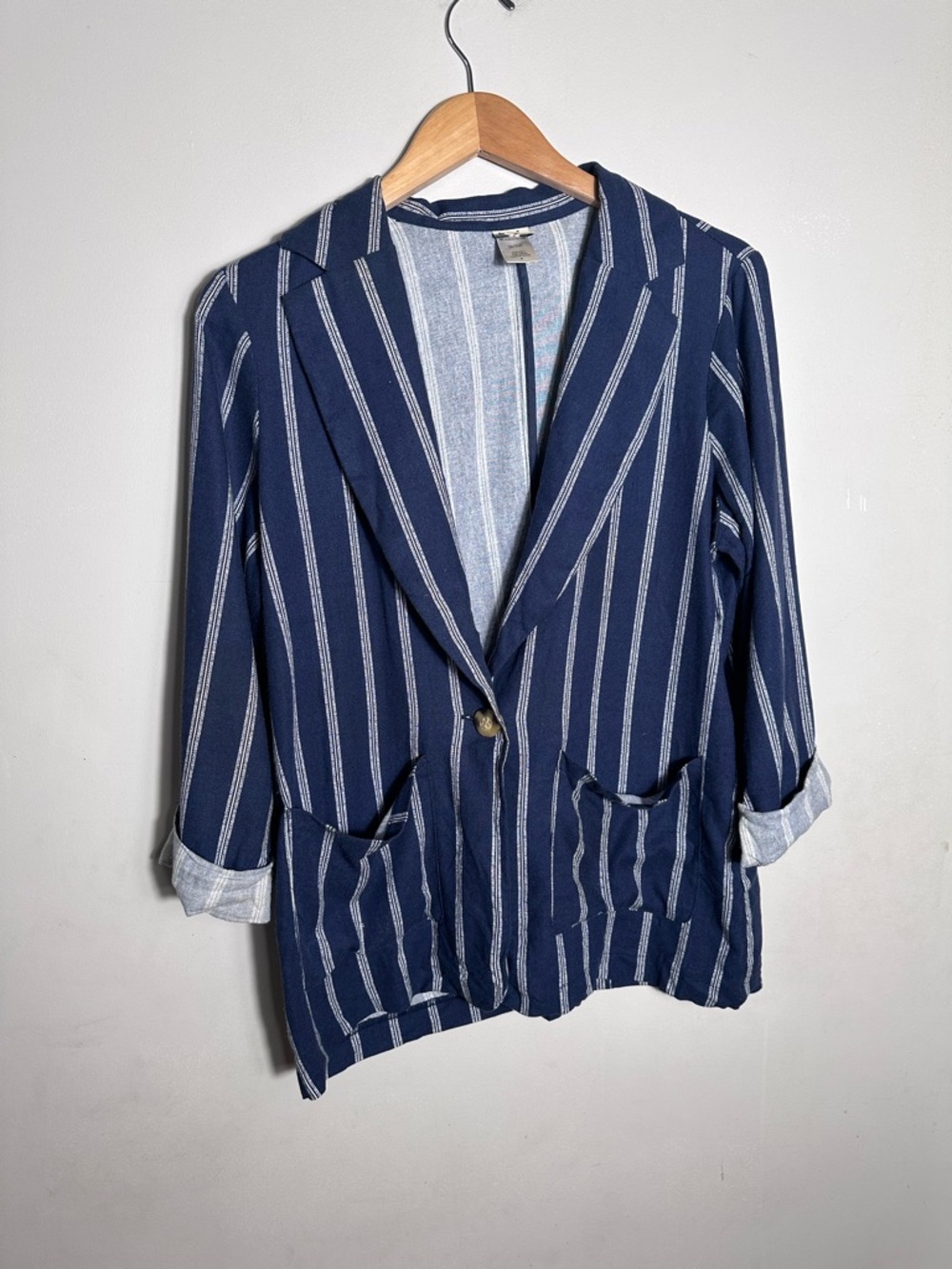 Striped Navy Blue Women's Blazer Jacket Linen Blend